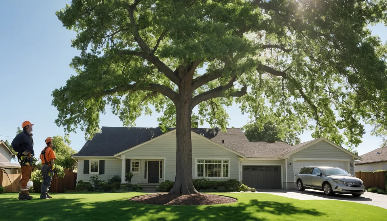 A homeowner and a local tree provider looking up at a tall tree beside a house in Madison